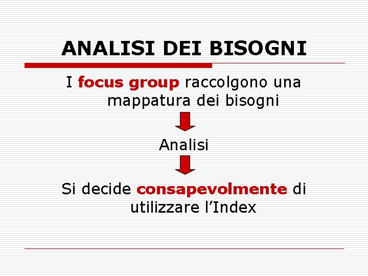 ANALISI DEI BISOGNI I focus group raccolgono una mappatura dei bisogni Analisi Si decide