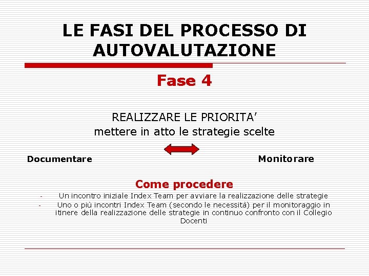 LE FASI DEL PROCESSO DI AUTOVALUTAZIONE Fase 4 REALIZZARE LE PRIORITA’ mettere in atto