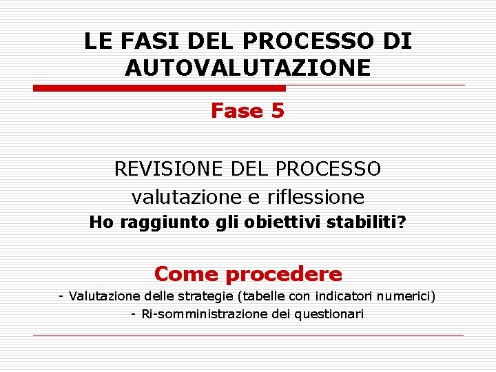 LE FASI DEL PROCESSO DI AUTOVALUTAZIONE Fase 5 REVISIONE DEL PROCESSO valutazione e riflessione