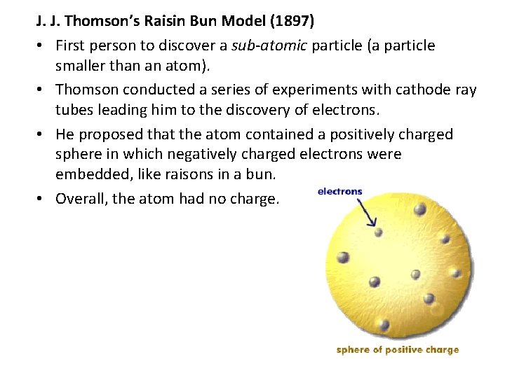 J. J. Thomson’s Raisin Bun Model (1897) • First person to discover a sub-atomic