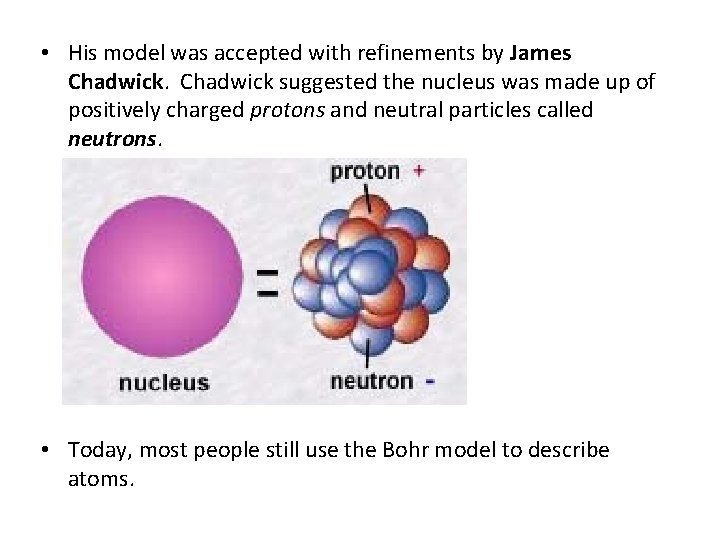  • His model was accepted with refinements by James Chadwick suggested the nucleus