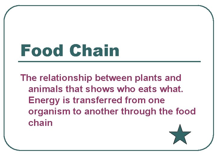Food Chain The relationship between plants and animals that shows who eats what. Energy