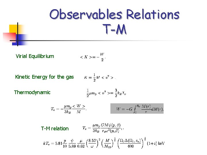 Observables Relations T-M Virial Equilibrium Kinetic Energy for the gas Thermodynamic T-M relation 