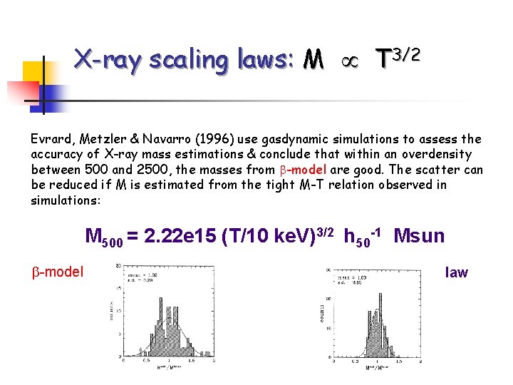 X-ray scaling laws: M T 3/2 Evrard, Metzler & Navarro (1996) use gasdynamic simulations