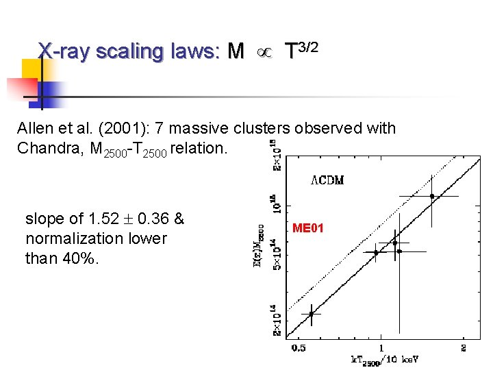 X-ray scaling laws: M T 3/2 Allen et al. (2001): 7 massive clusters observed