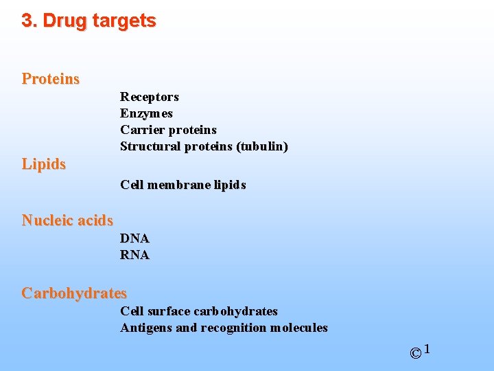 3. Drug targets Proteins Receptors Enzymes Carrier proteins Structural proteins (tubulin) Lipids Cell membrane