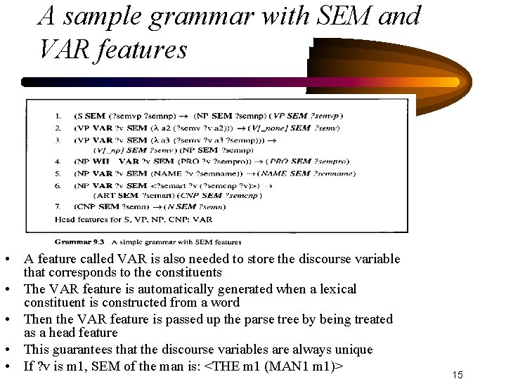 A sample grammar with SEM and VAR features • A feature called VAR is