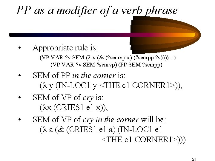 PP as a modifier of a verb phrase • Appropriate rule is: (VP VAR