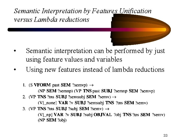 Semantic Interpretation by Features Unification versus Lambda reductions • • Semantic interpretation can be