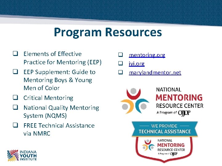 Program Resources q Elements of Effective Practice for Mentoring (EEP) q EEP Supplement: Guide