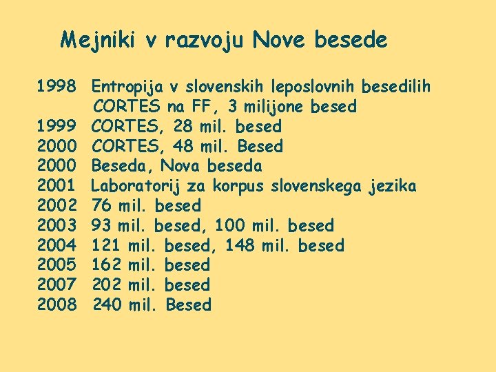 Mejniki v razvoju Nove besede 1998 Entropija v slovenskih leposlovnih besedilih CORTES na FF,