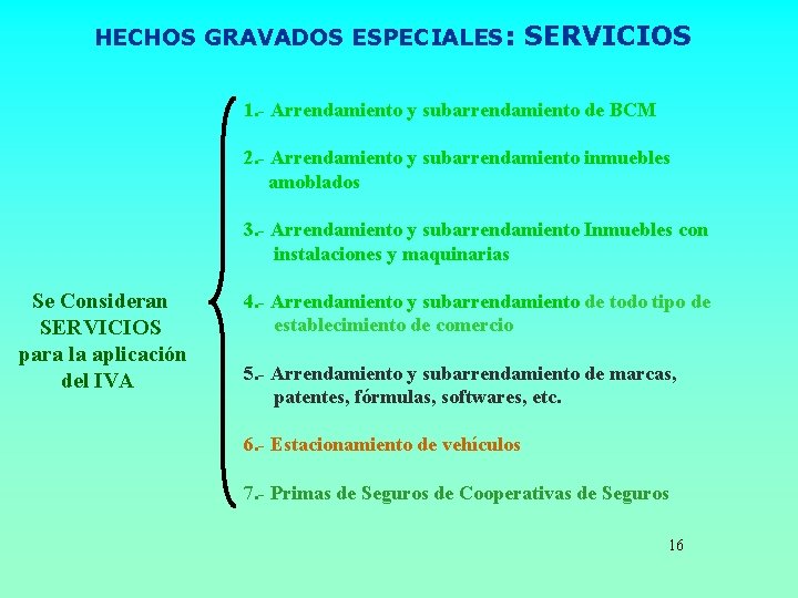 HECHOS GRAVADOS ESPECIALES: SERVICIOS 1. - Arrendamiento y subarrendamiento de BCM 2. - Arrendamiento