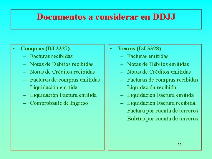 Documentos a considerar en DDJJ • Compras (DJ 3327) – Facturas recibidas – Notas