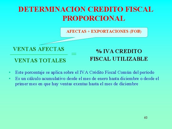 DETERMINACION CREDITO FISCAL PROPORCIONAL AFECTAS + EXPORTACIONES (FOB) VENTAS AFECTAS VENTAS TOTALES % IVA