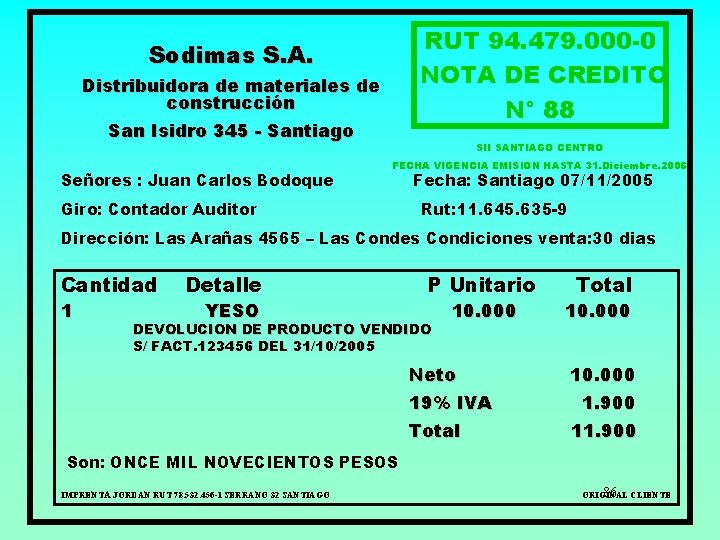 RUT 94. 479. 000 -0 NOTA DE CREDITO N° 88 Sodimas S. A. Distribuidora