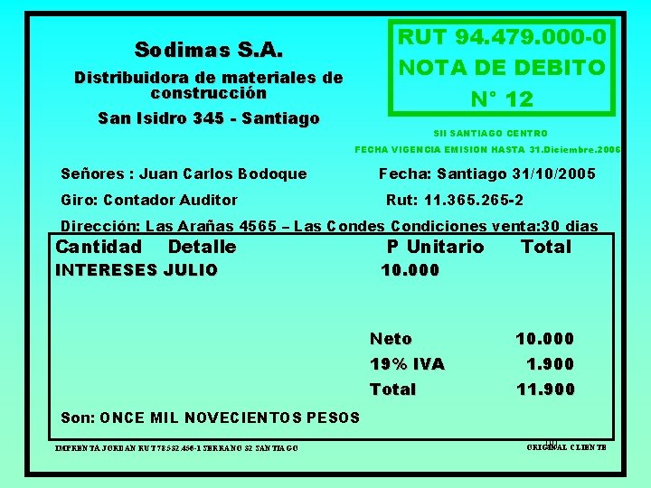 RUT 94. 479. 000 -0 NOTA DE DEBITO N° 12 Sodimas S. A. Distribuidora