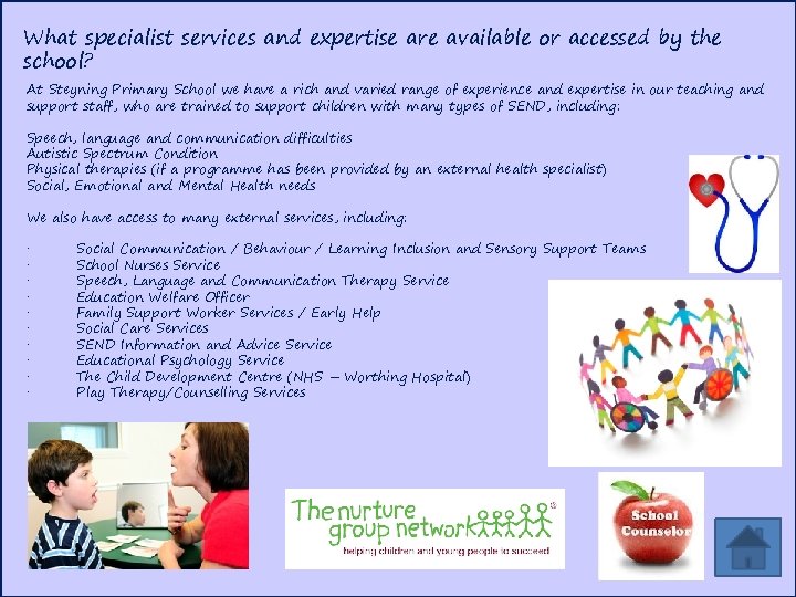 What specialist services and expertise are available or accessed by the school? At Steyning