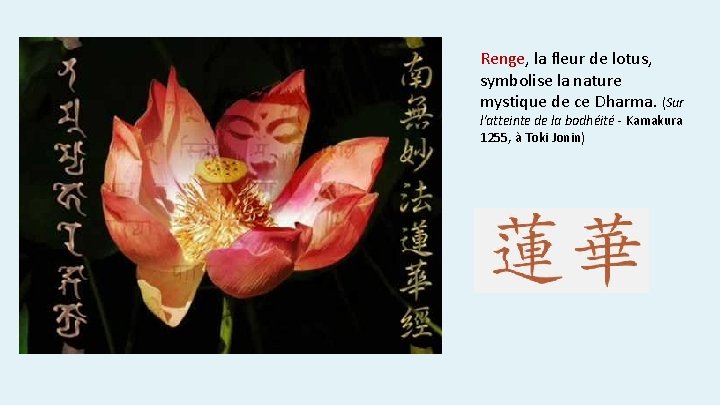 Renge, la fleur de lotus, symbolise la nature mystique de ce Dharma. (Sur l'atteinte