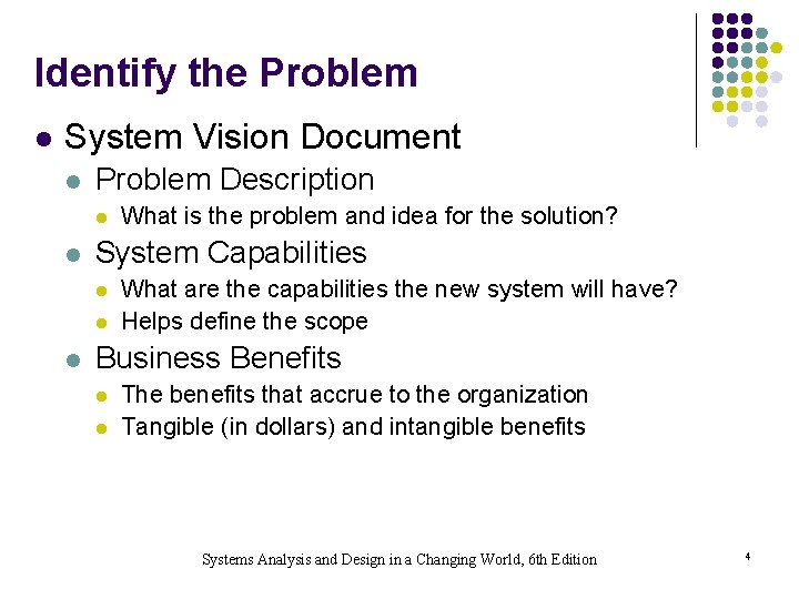 Identify the Problem l System Vision Document l Problem Description l l System Capabilities