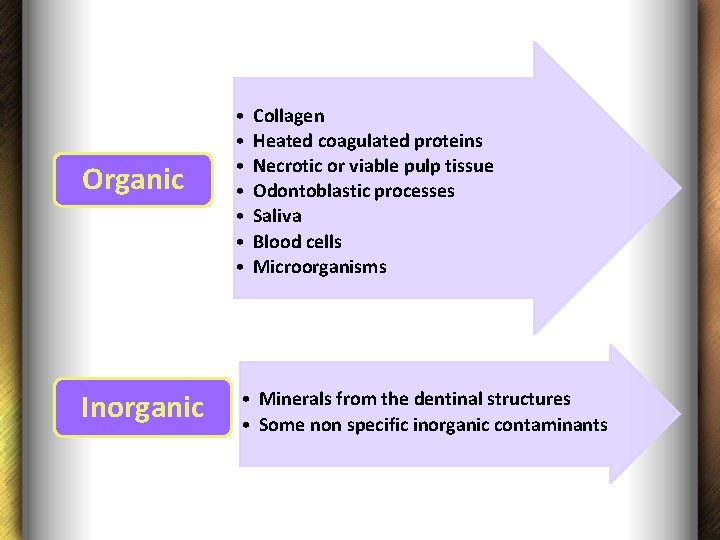 Organic Inorganic • • Collagen Heated coagulated proteins Necrotic or viable pulp tissue Odontoblastic
