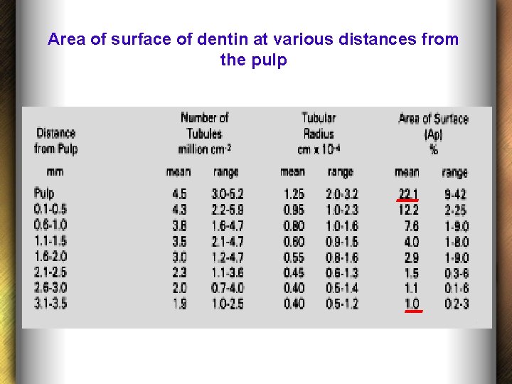 Area of surface of dentin at various distances from the pulp 