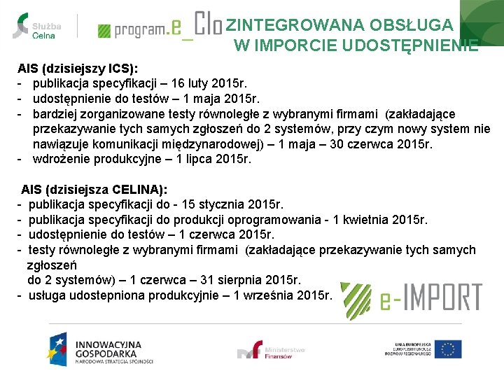 ZINTEGROWANA OBSŁUGA W IMPORCIE UDOSTĘPNIENIE AIS (dzisiejszy ICS): - publikacja specyfikacji – 16 luty ZINTEGROWANA OBSŁUGA W IMPORCIE UDOSTĘPNIENIE AIS (dzisiejszy ICS): - publikacja specyfikacji – 16 luty