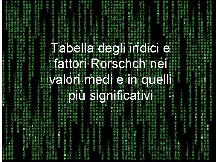 Tabella degli indici e fattori Rorschch nei valori medi e in quelli più significativi