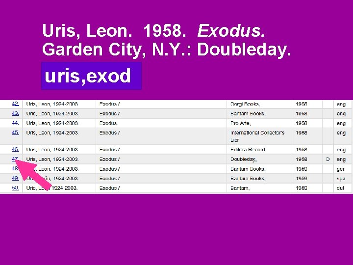 Uris, Leon. 1958. Exodus. Garden City, N. Y. : Doubleday. uris, exod 