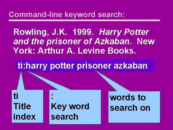 Command-line keyword search: Rowling, J. K. 1999. Harry Potter and the prisoner of Azkaban.