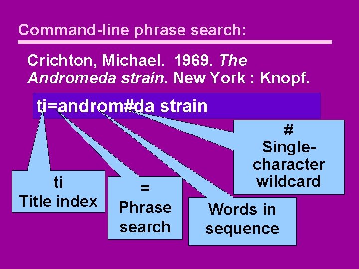 Command-line phrase search: Crichton, Michael. 1969. The Andromeda strain. New York : Knopf. ti=androm#da
