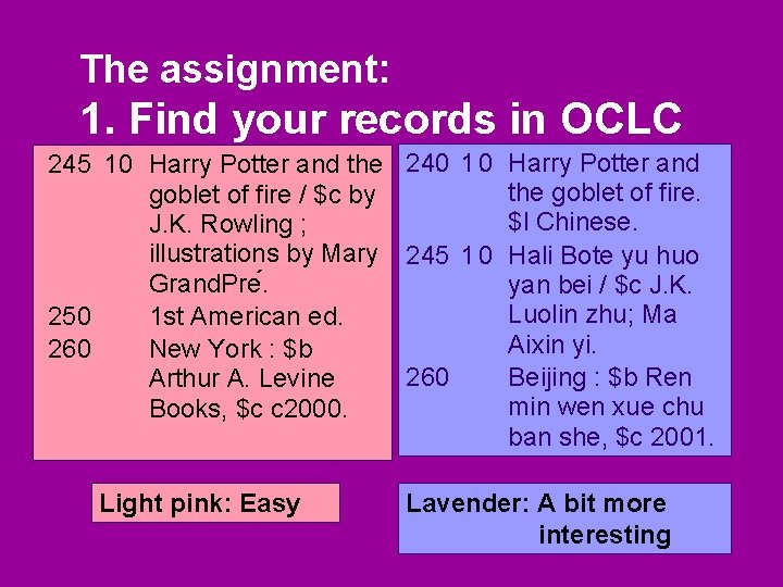 The assignment: 1. Find your records in OCLC 245 10 Harry Potter and the