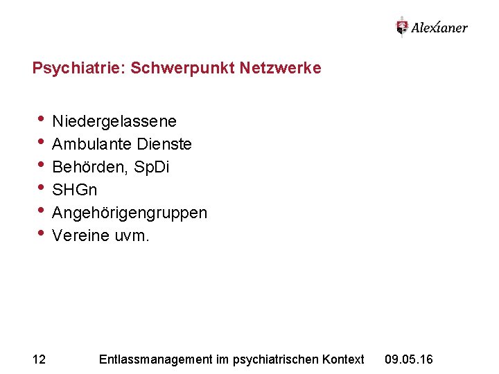 Psychiatrie: Schwerpunkt Netzwerke • • • 12 Niedergelassene Ambulante Dienste Behörden, Sp. Di SHGn