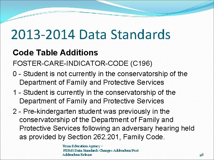 2013 -2014 Data Standards Code Table Additions FOSTER-CARE-INDICATOR-CODE (C 196) 0 - Student is