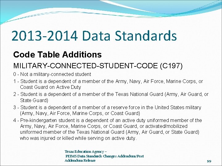 2013 -2014 Data Standards Code Table Additions MILITARY-CONNECTED-STUDENT-CODE (C 197) 0 - Not a