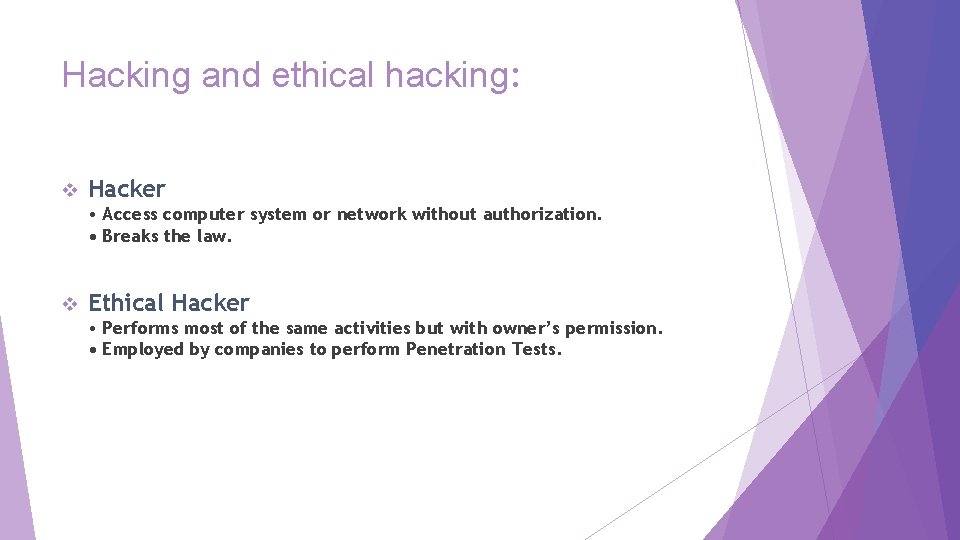 Hacking and ethical hacking: v Hacker • Access computer system or network without authorization.