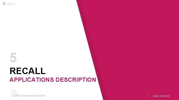 RECALL 5 RECALL APPLICATIONS DESCRIPTION 25 JUSAN Telecommunications www. jusan. es 