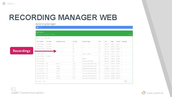 RECALL RECORDING MANAGER WEB Recordings 41 JUSAN Telecommunications www. jusan. es 