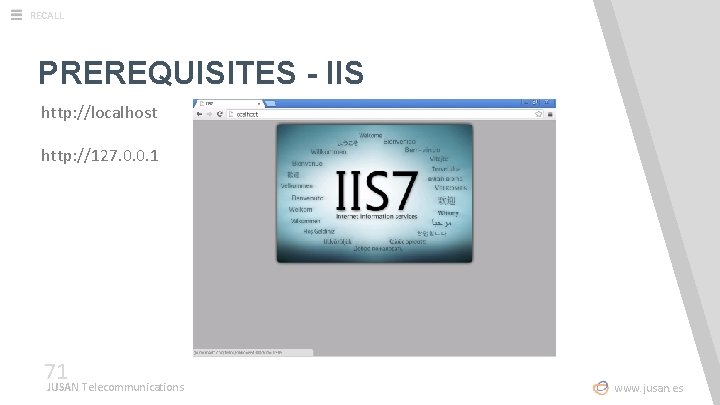 RECALL PREREQUISITES - IIS http: //localhost http: //127. 0. 0. 1 71 JUSAN Telecommunications