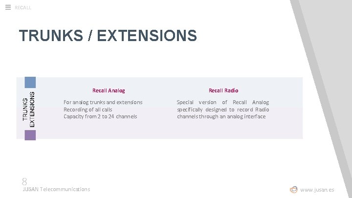 RECALL TRUNKS / EXTENSIONS Recall Analog For analog trunks and extensions Recording of all