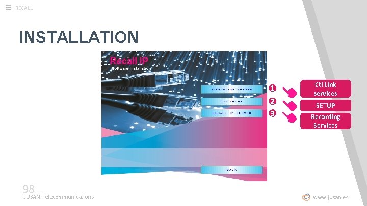 RECALL INSTALLATION 1 2 3 98 JUSAN Telecommunications Cti Link services SETUP Recording Services