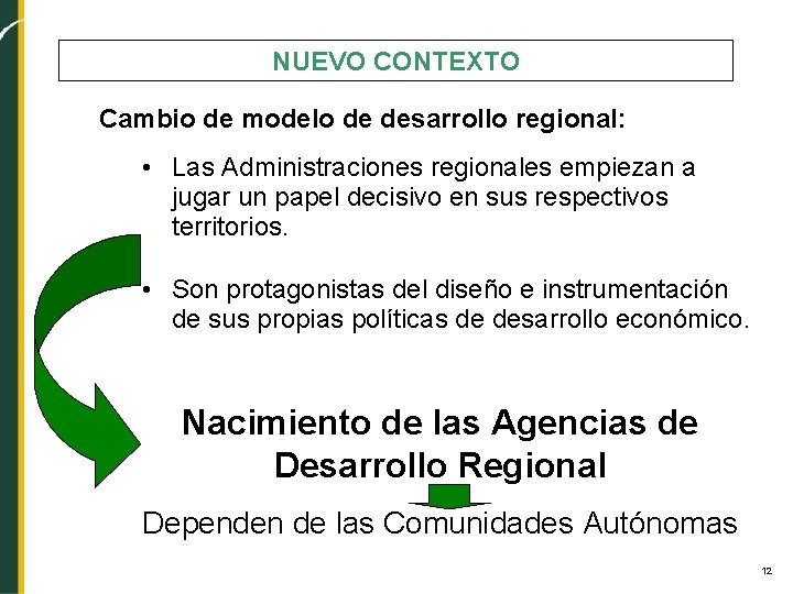 NUEVO CONTEXTO Cambio de modelo de desarrollo regional: • Las Administraciones regionales empiezan a