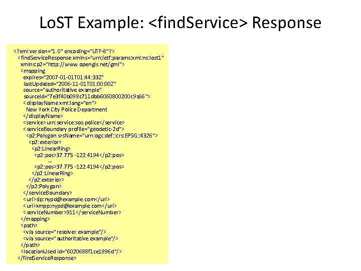 Lo. ST Example: <find. Service> Response <? xml version="1. 0" encoding="UTF-8"? > <find. Service.