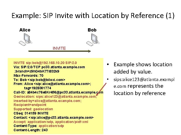 Example: SIP Invite with Location by Reference (1) Alice Bob INVITE sip: bob@192. 168.