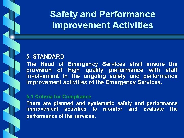 Safety and Performance Improvement Activities 5. STANDARD The Head of Emergency Services shall ensure