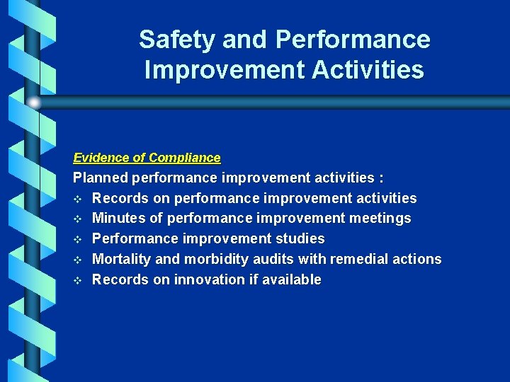 Safety and Performance Improvement Activities Evidence of Compliance Planned performance improvement activities : v