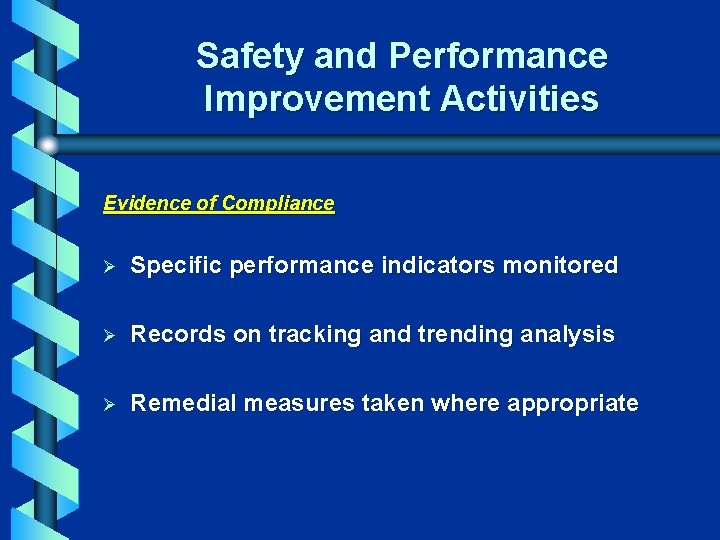 Safety and Performance Improvement Activities Evidence of Compliance Ø Specific performance indicators monitored Ø
