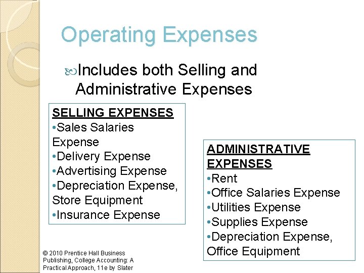 Operating Expenses Includes both Selling and Administrative Expenses SELLING EXPENSES • Sales Salaries Expense