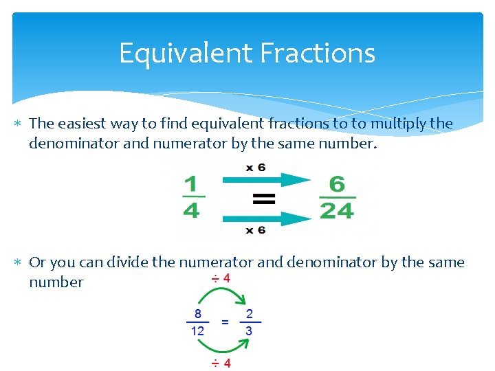 Equivalent Fractions The easiest way to find equivalent fractions to to multiply the denominator