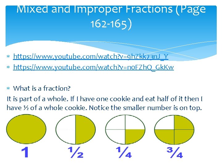 Mixed and Improper Fractions (Page 162 -165) https: //www. youtube. com/watch? v=9 h. Zkk