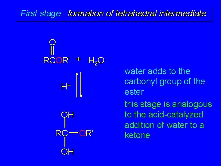 First stage: formation of tetrahedral intermediate O RCOR' + H 2 O H+ OH